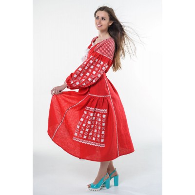 Boho Style Ukrainian Embroidered Dress "Starry Sky" white on red 